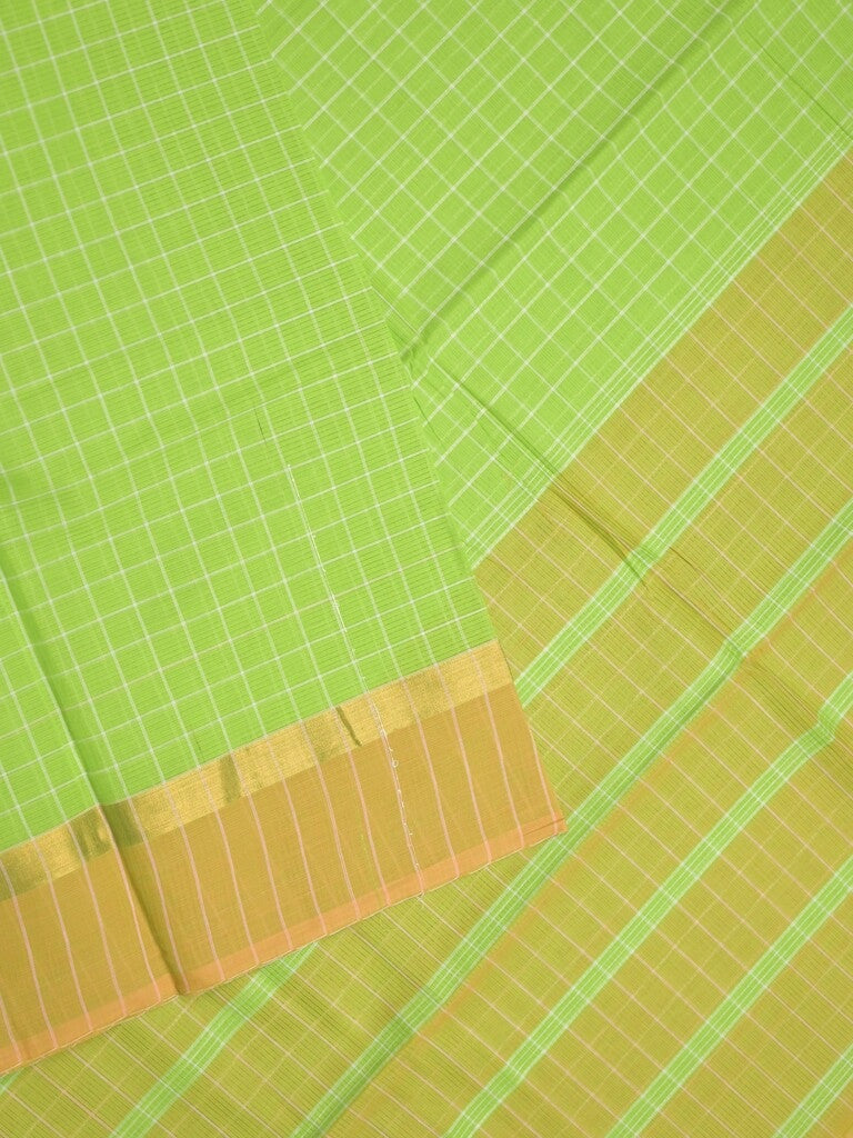 Village cotton saree parrot green color allover checks & kaddi border with contrast pallu and contrast blouse