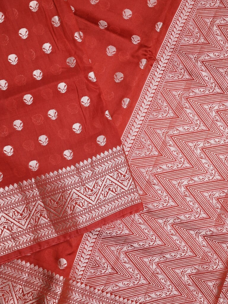 Dupion fancy saree red color allover zari butis & zari border with zari pallu and contrast blouse