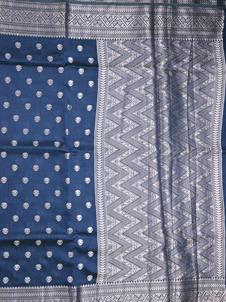 Dupion fancy saree navy blue color allover zari butis & zari border with zari pallu and contrast blouse