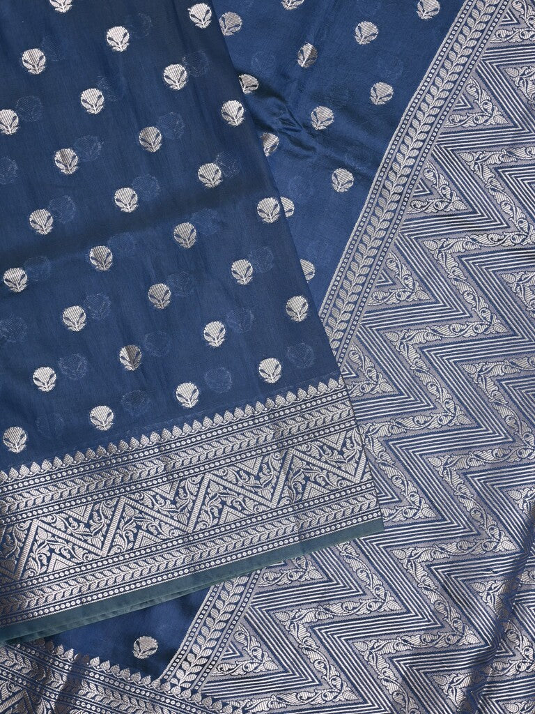Dupion fancy saree navy blue color allover zari butis & zari border with zari pallu and contrast blouse