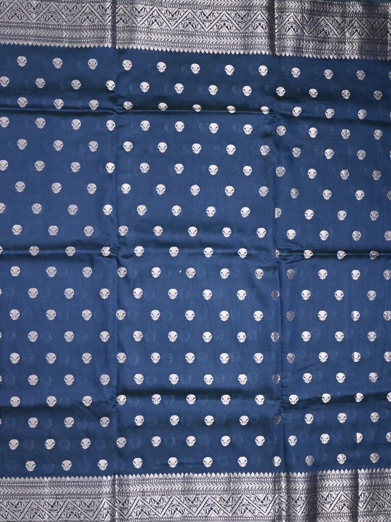 Dupion fancy saree navy blue color allover zari butis & zari border with zari pallu and contrast blouse