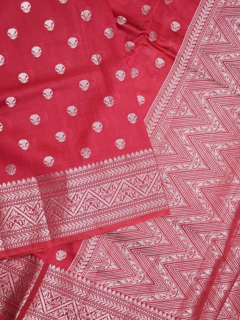 Dupion fancy saree cherry red color allover zari butis & zari border with zari pallu and contrast blouse