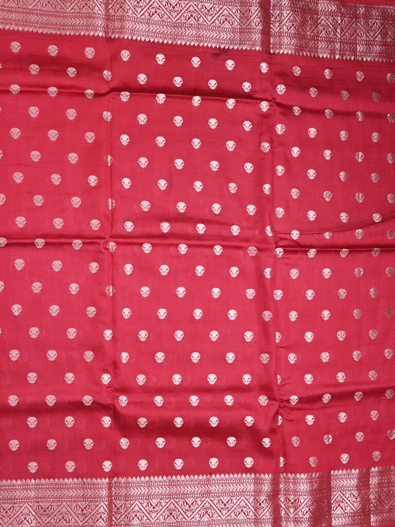 Dupion fancy saree cherry red color allover zari butis & zari border with zari pallu and contrast blouse