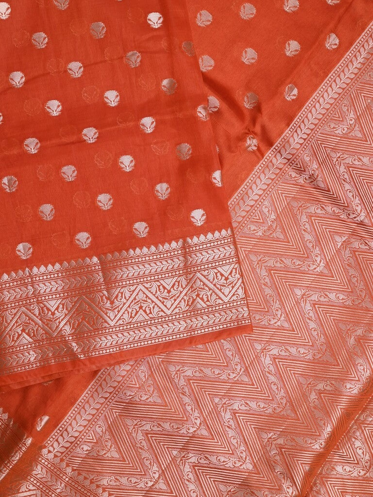 Dupion fancy saree orange color allover zari butis & zari border with zari pallu and contrast blouse