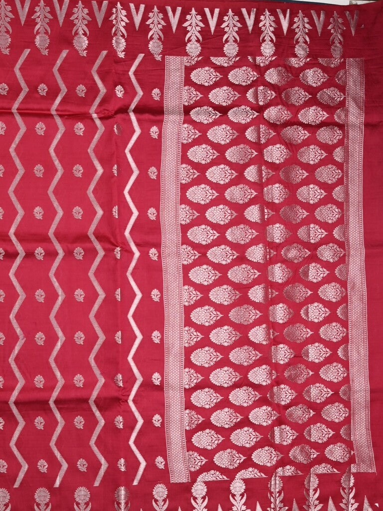 Dupion fancy saree cherry red color allover zari weaves & zari border with zari pallu and contrast blouse
