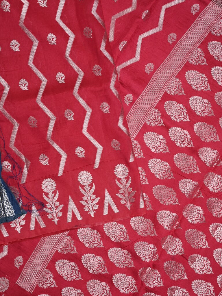 Dupion fancy saree cherry red color allover zari weaves & zari border with zari pallu and contrast blouse