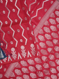 Dupion fancy saree cherry red color allover zari weaves & zari border with zari pallu and contrast blouse