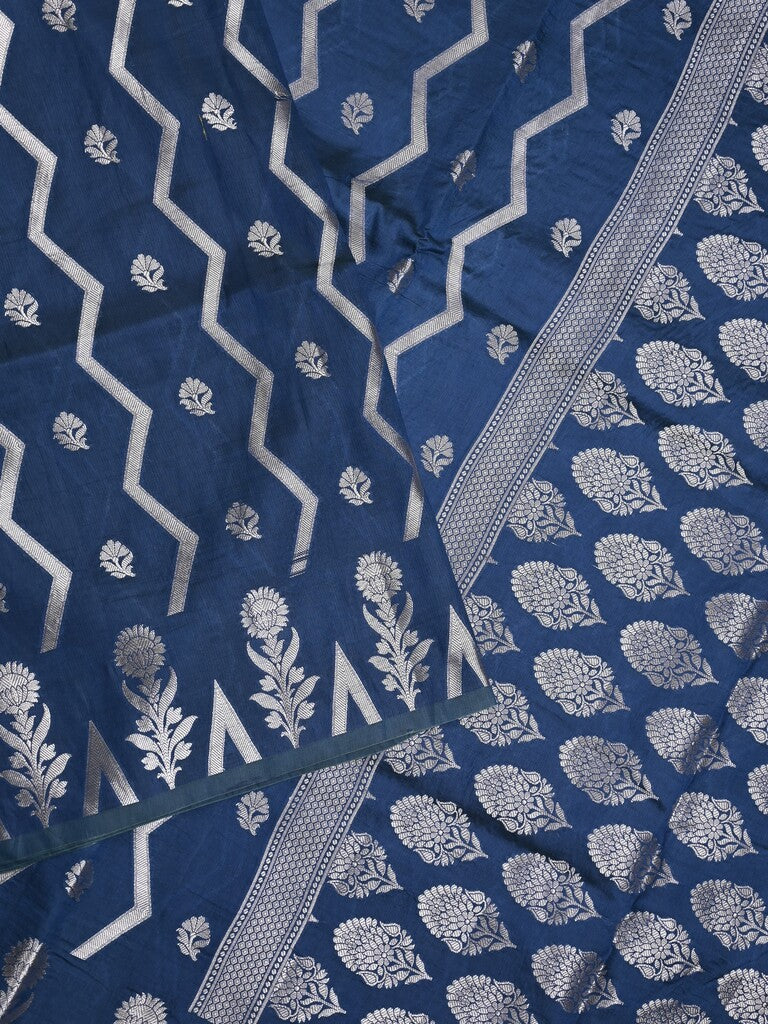 Dupion fancy saree royal blue color allover zari weaves & zari border with zari pallu and contrast blouse
