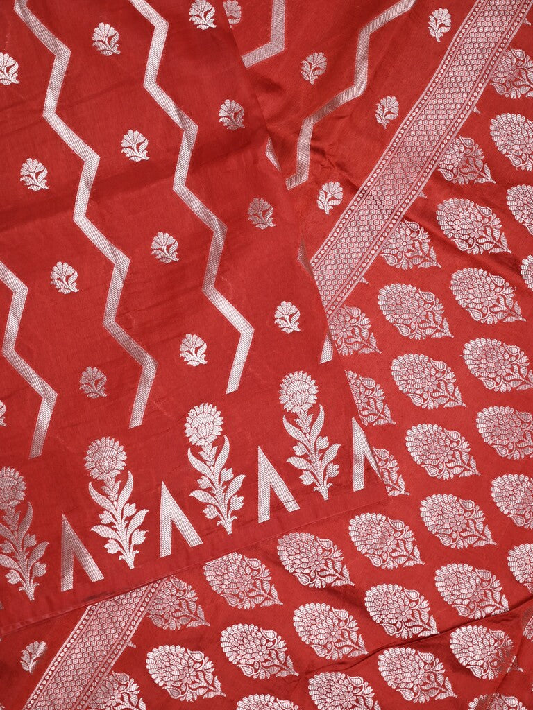 Dupion fancy saree red color allover zari weaves & zari border with zari pallu and contrast blouse