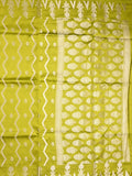 Dupion fancy saree parrot green color allover zari weaves & zari border with zari pallu and contrast blouse