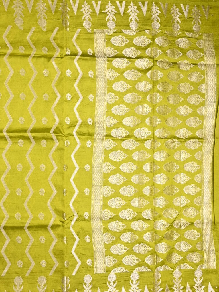 Dupion fancy saree parrot green color allover zari weaves & zari border with zari pallu and contrast blouse