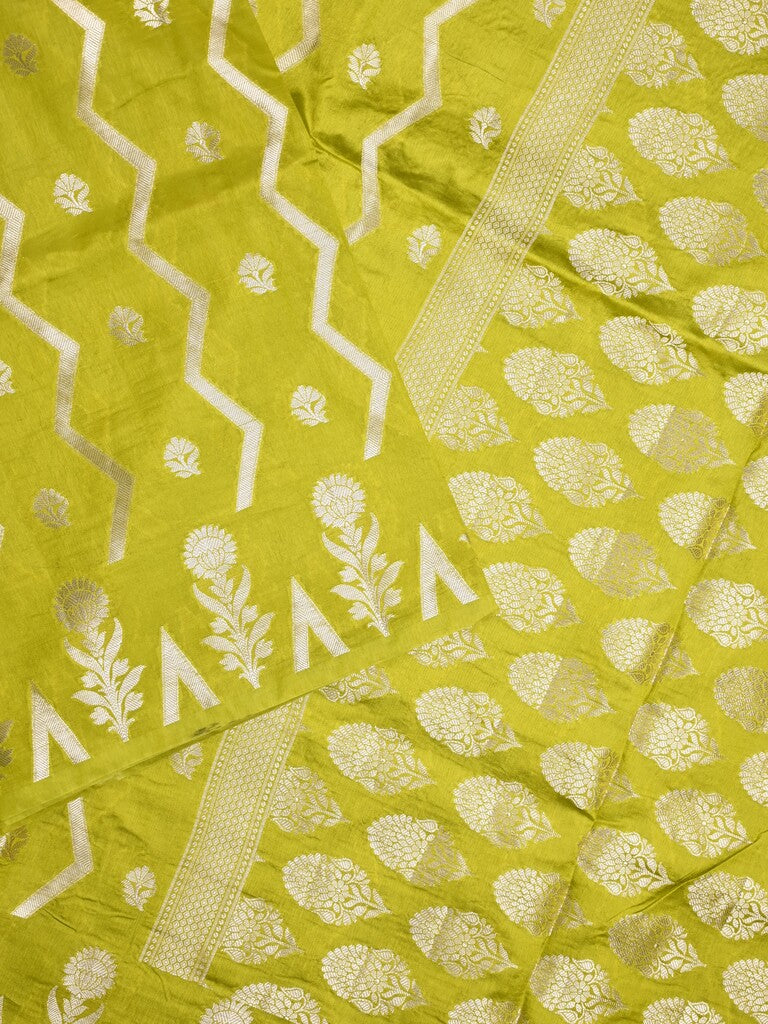 Dupion fancy saree parrot green color allover zari weaves & zari border with zari pallu and contrast blouse