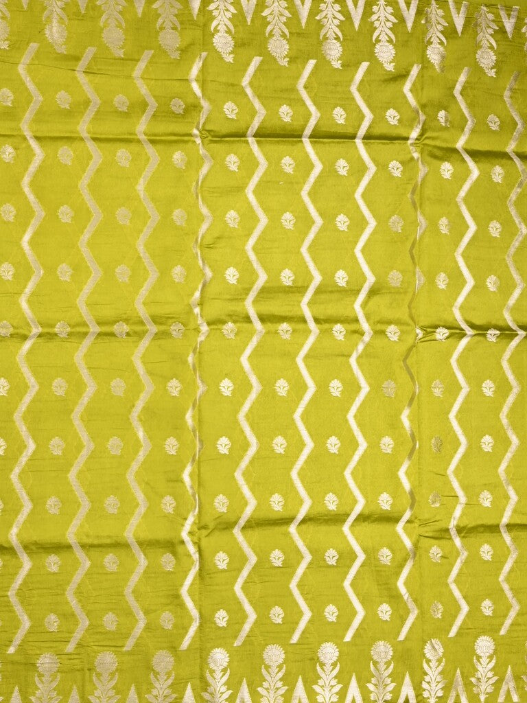 Dupion fancy saree parrot green color allover zari weaves & zari border with zari pallu and contrast blouse