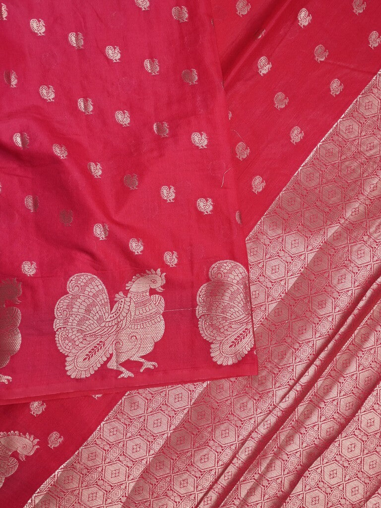 Green mango fancy saree dark pink color allover zari motifs & zari border with brocade pallu and contrast blouse