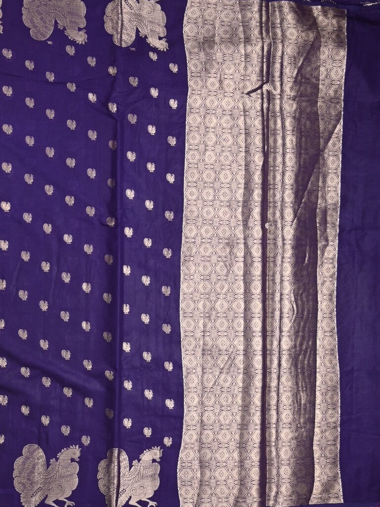 Green mango fancy saree navy blue color allover zari motifs & zari border with brocade pallu and contrast blouse