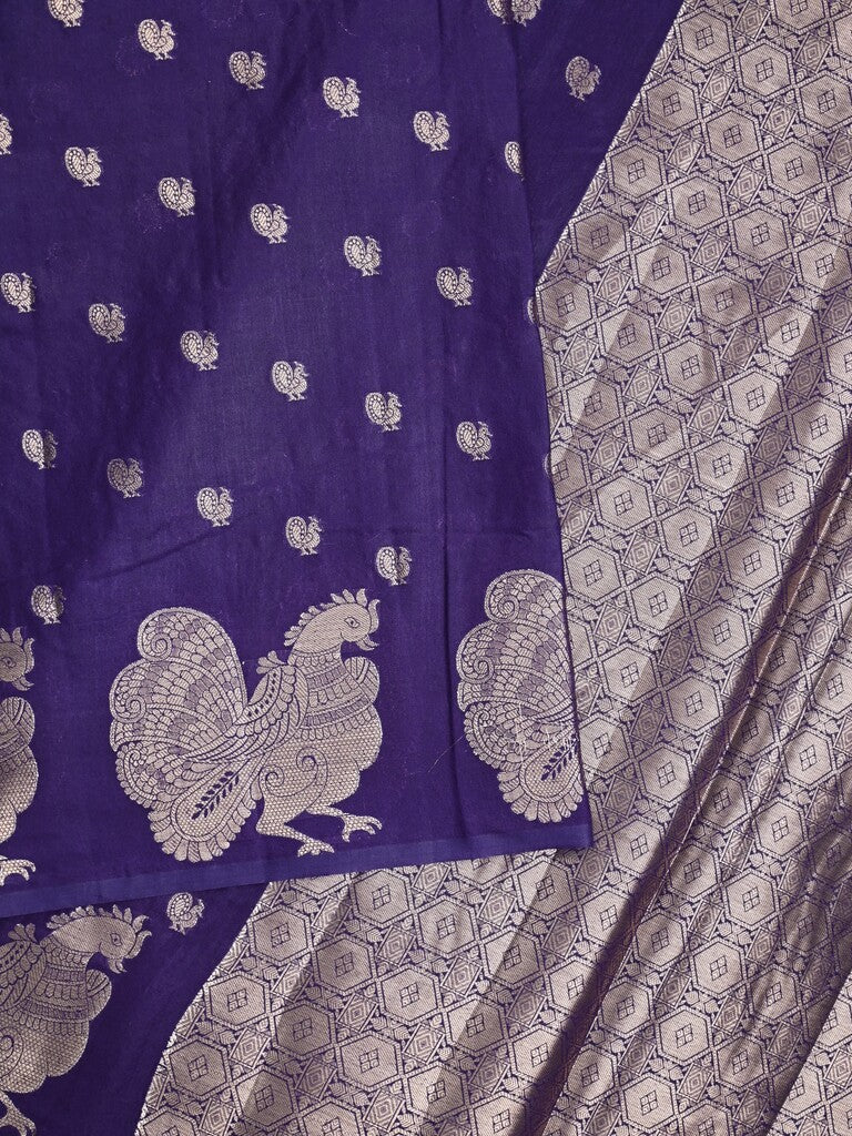Green mango fancy saree navy blue color allover zari motifs & zari border with brocade pallu and contrast blouse