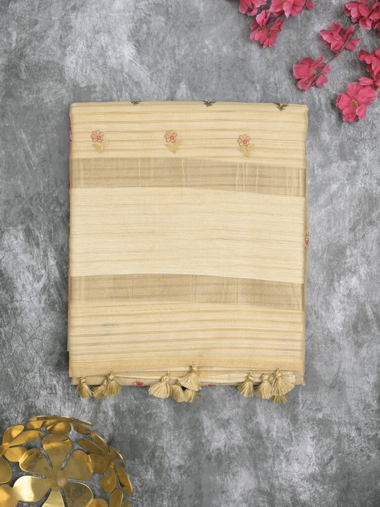 Tussar fancy saree cream color allover prints & small kaddi border with printed pallu and attached plain blouse