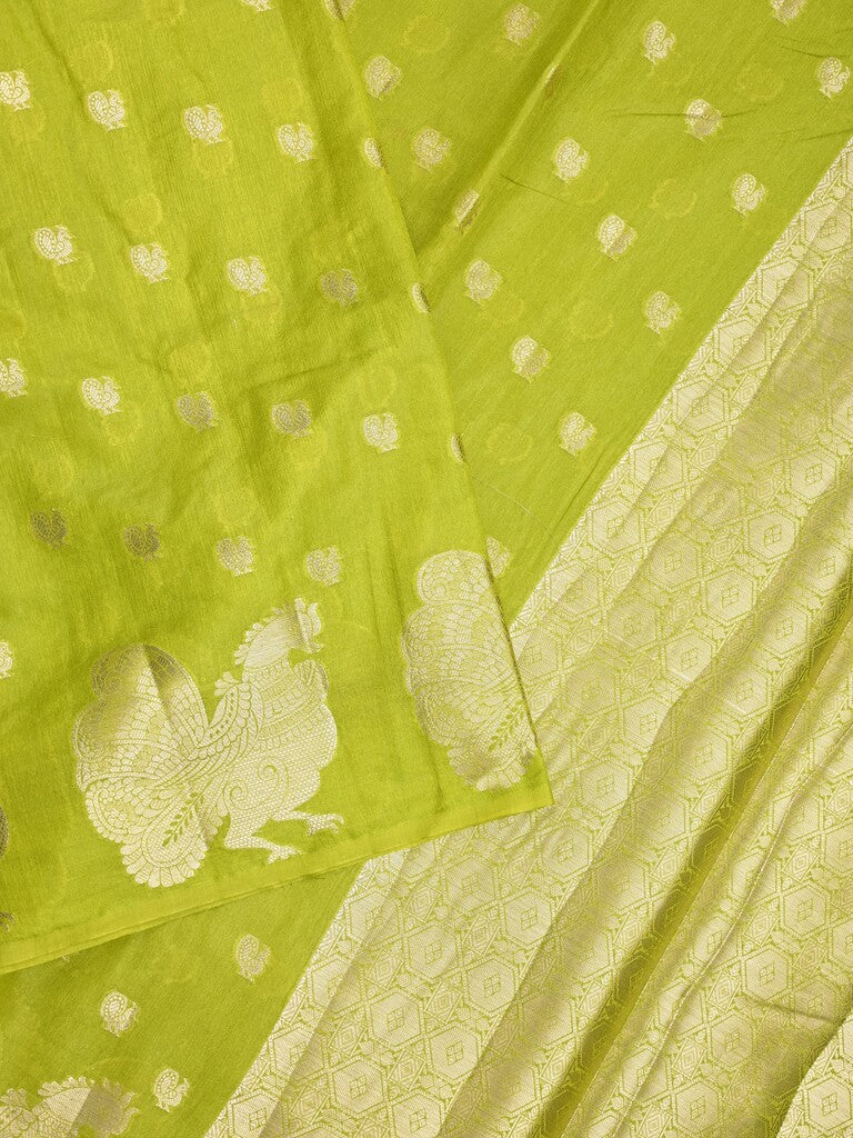 Green mango fancy saree parrot green color allover zari motifs & zari border with brocade pallu and contrast blouse