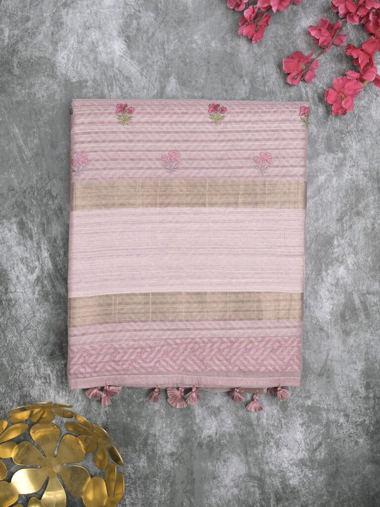 Tussar fancy saree light purple color allover prints & small kaddi border with printed pallu and attached plain blouse