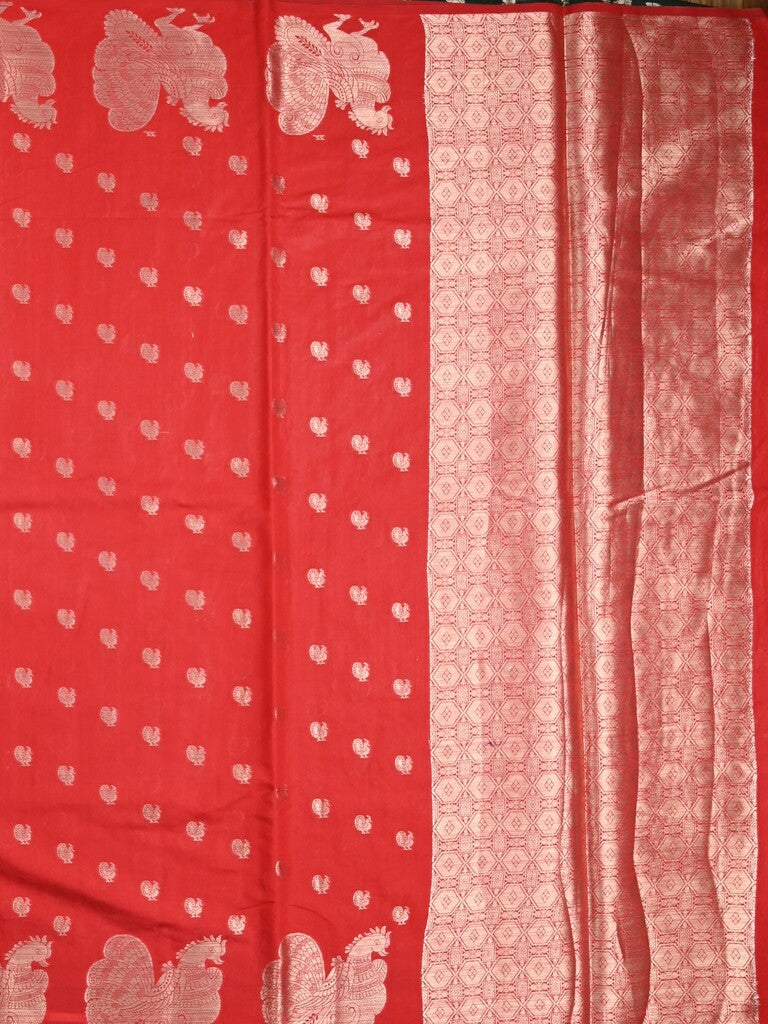 Green mango fancy saree red color allover zari motifs & zari border with brocade pallu and contrast blouse