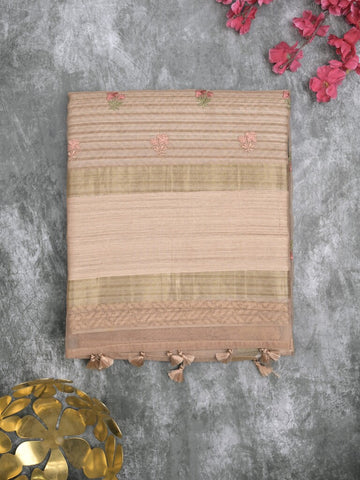 Tussar fancy saree beige color allover prints & small kaddi border with printed pallu and attached plain blouse