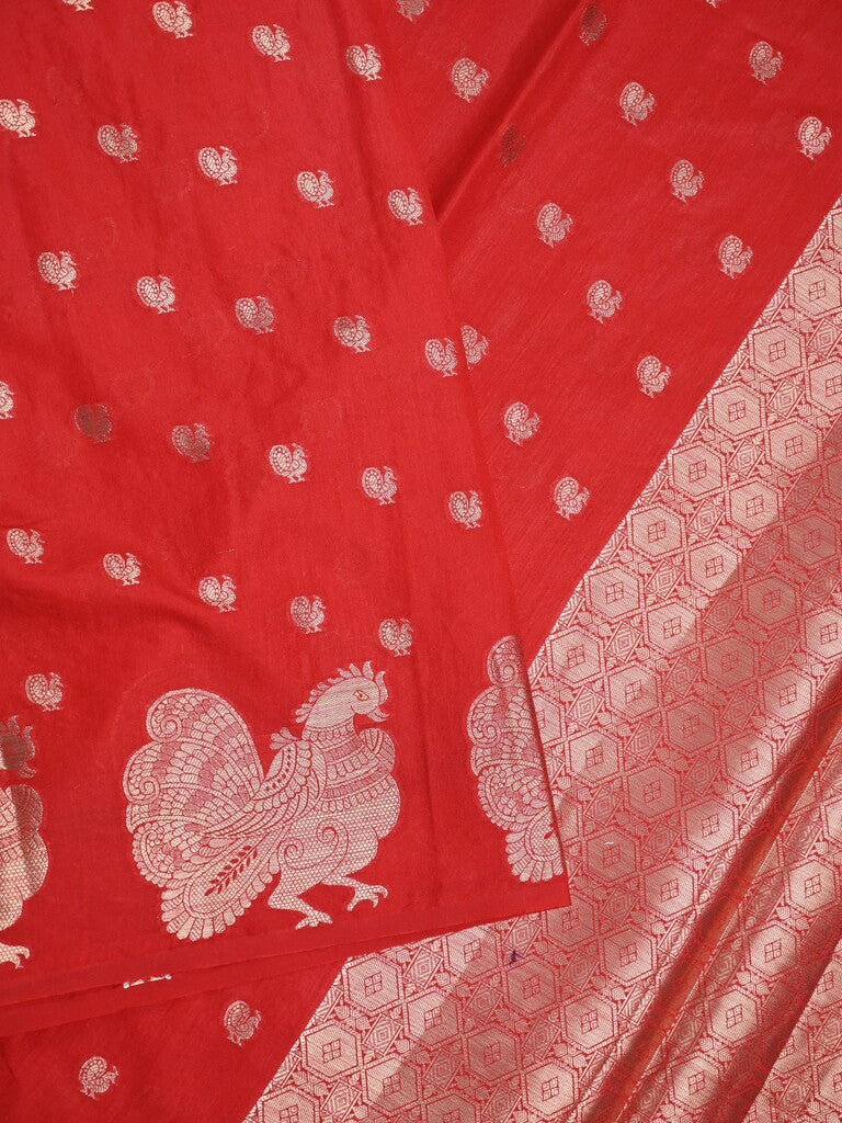 Green mango fancy saree red color allover zari motifs & zari border with brocade pallu and contrast blouse
