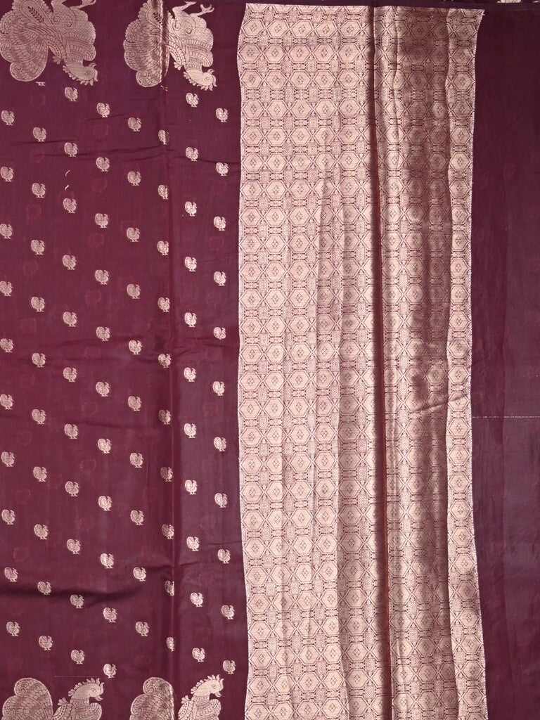 Green mango fancy saree dark brown color allover zari motifs & zari border with brocade pallu and contrast blouse