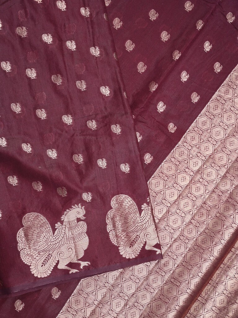 Green mango fancy saree dark brown color allover zari motifs & zari border with brocade pallu and contrast blouse