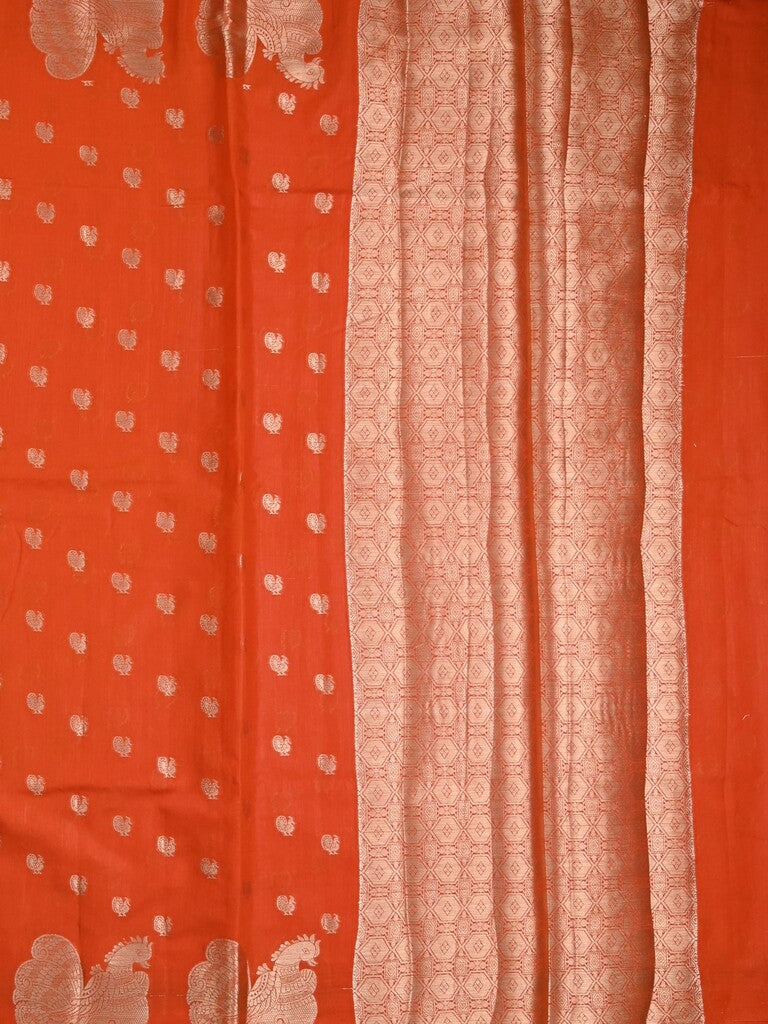 Green mango fancy saree orange color allover zari motifs & zari border with brocade pallu and contrast blouse