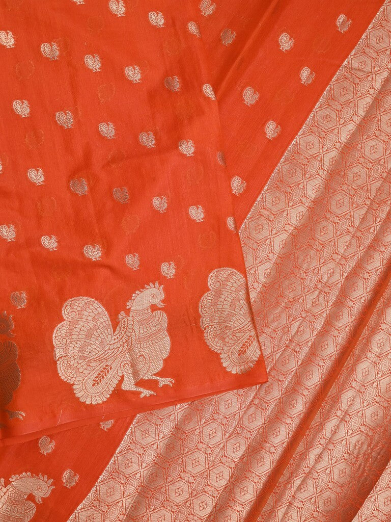 Green mango fancy saree orange color allover zari motifs & zari border with brocade pallu and contrast blouse