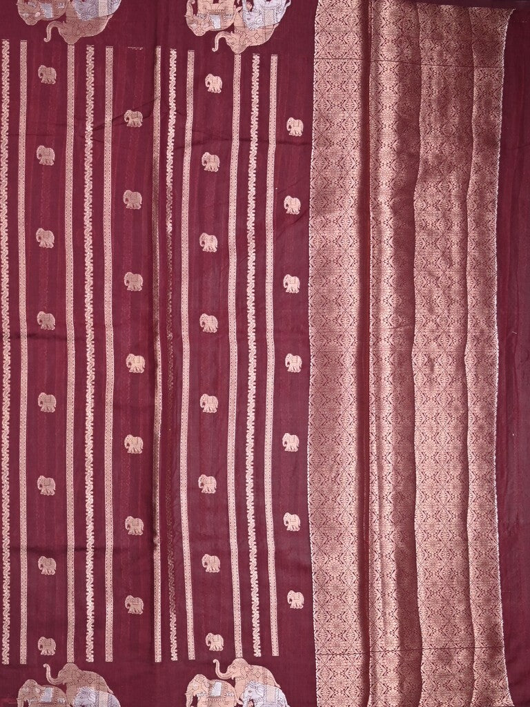 Green mango fancy saree dark brown color allover zari motifs & zari border with brocade pallu and contrast blouse
