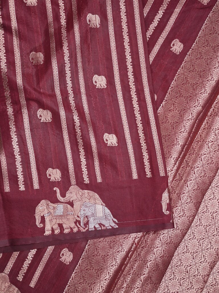 Green mango fancy saree dark brown color allover zari motifs & zari border with brocade pallu and contrast blouse