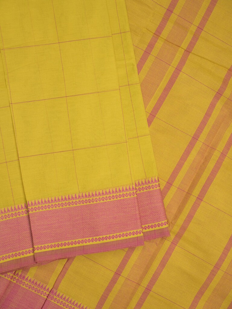 Village cotton saree golden yellow color allover checks & contrast border with stripes pallu and contrast plain blouse