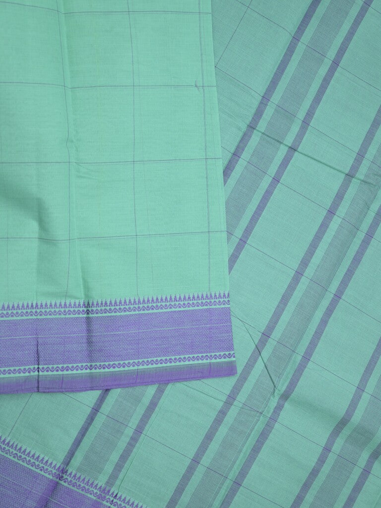 Village cotton saree lux green color allover checks & contrast border with stripes pallu and contrast plain blouse