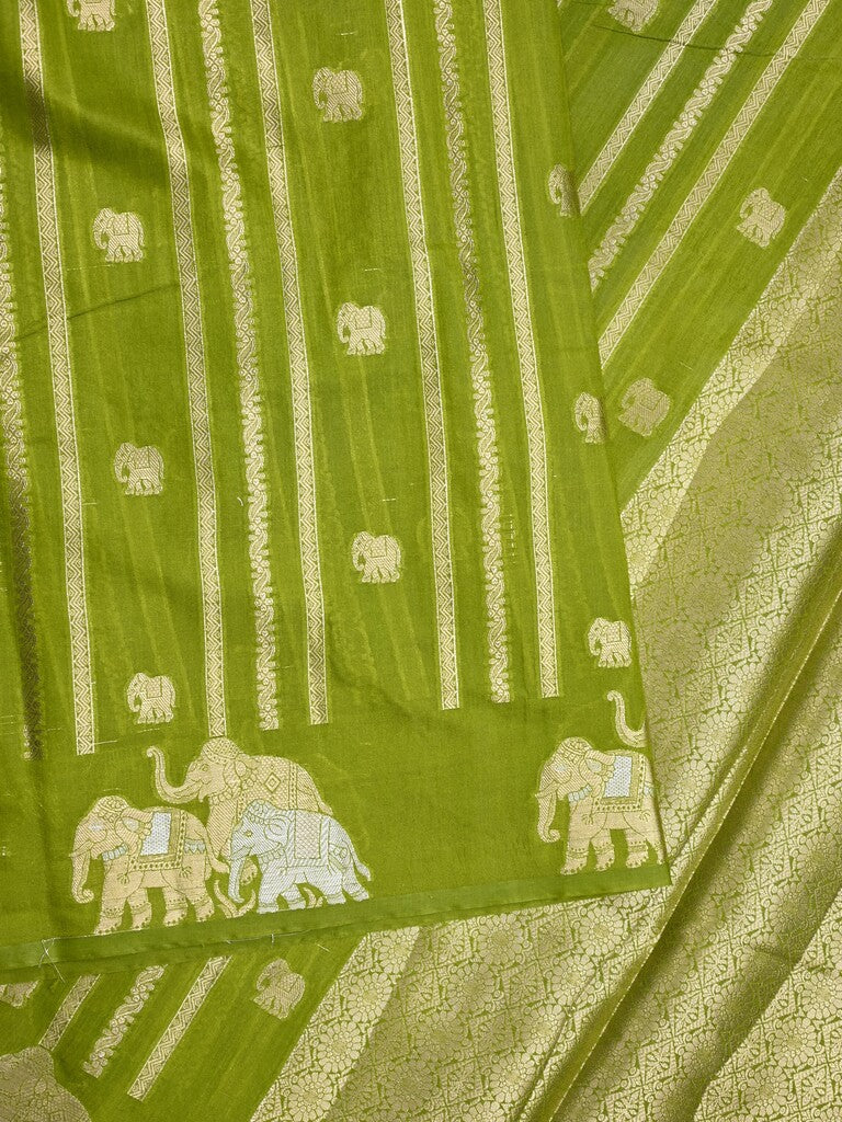 Green mango fancy saree parrot green color allover zari motifs & zari border with brocade pallu and contrast blouse
