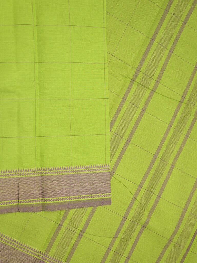 Village cotton saree parrot green color allover checks & contrast border with stripes pallu and contrast plain blouse