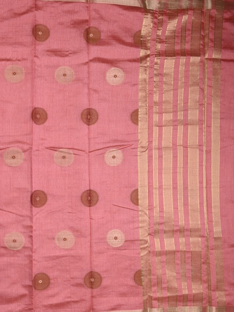 Dupion fancy saree baby pink color allover motifs & zari border with zari pallu and brocade blouse