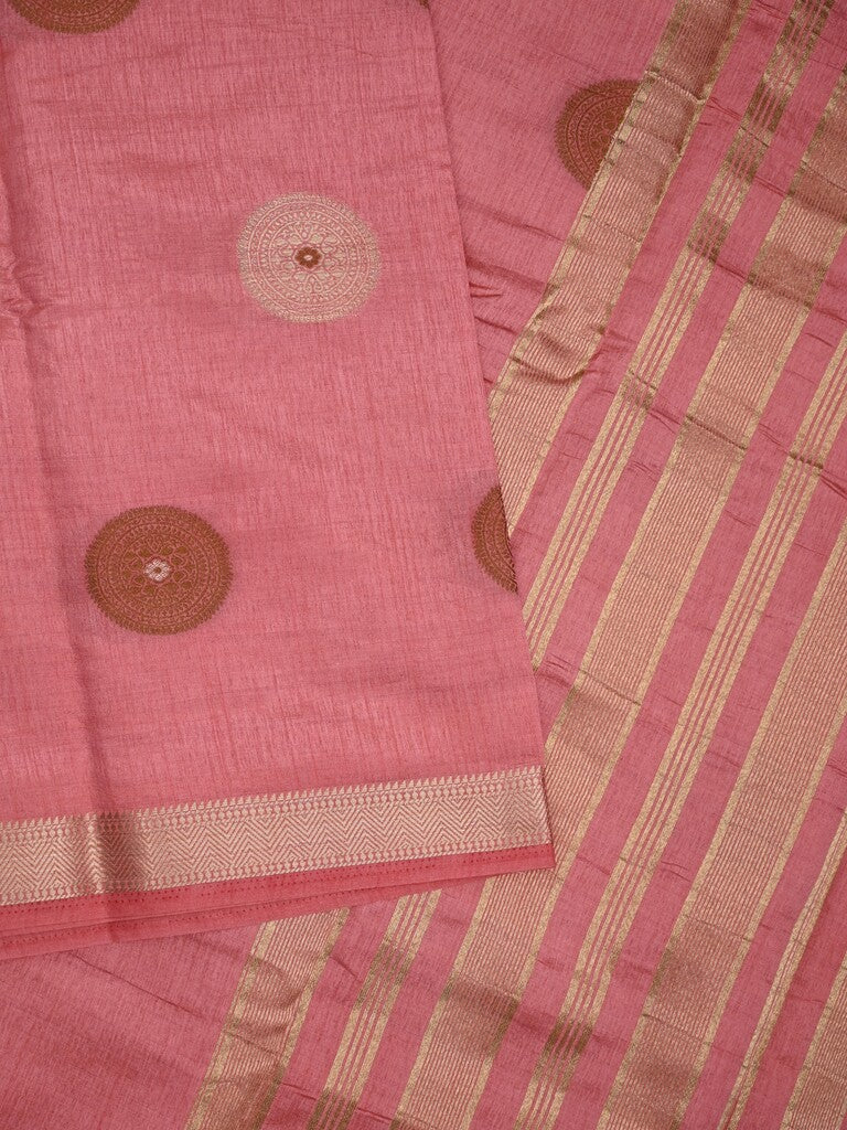 Dupion fancy saree baby pink color allover motifs & zari border with zari pallu and brocade blouse