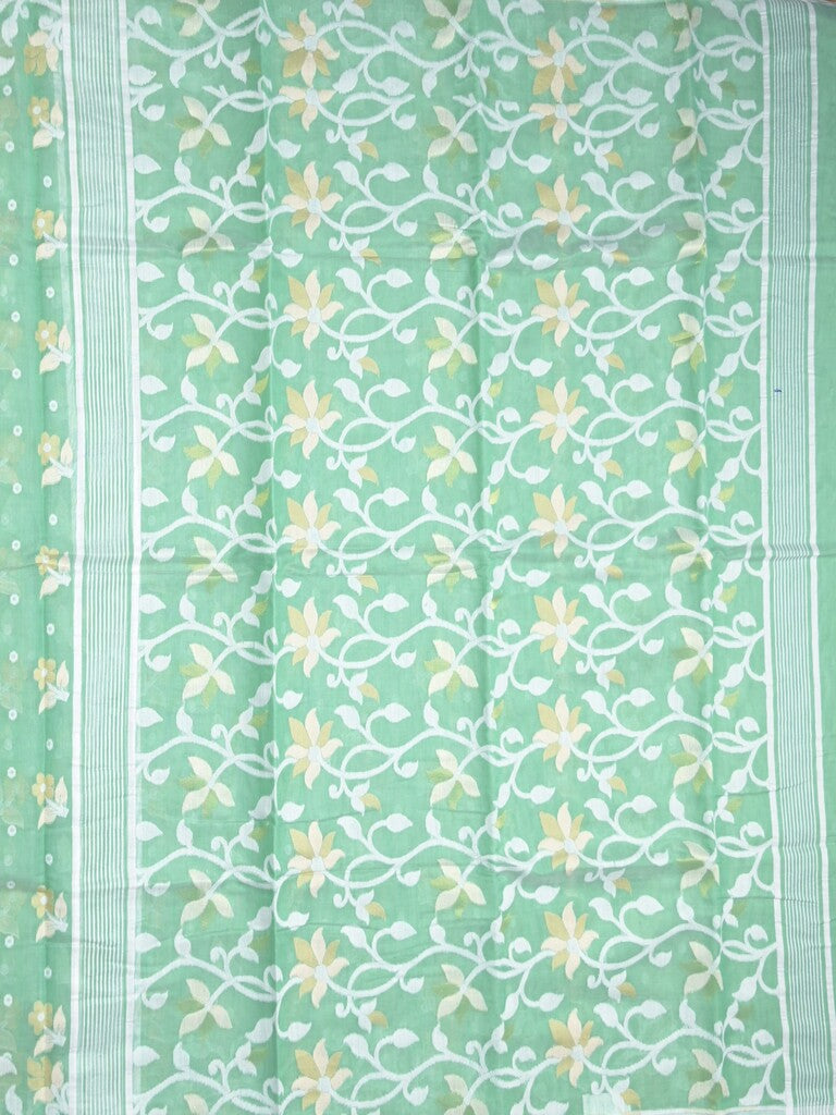 Jamdani cotton saree lux green color allover weaves & weaving border with weaving pallu and attached blouse