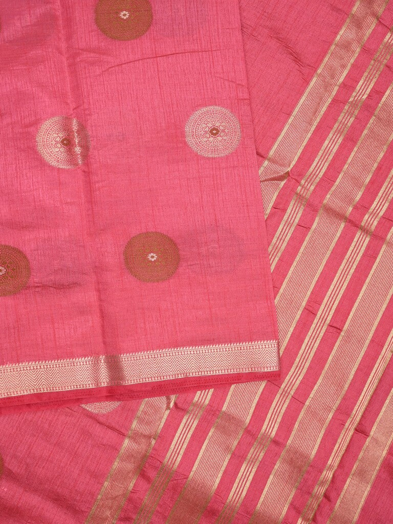 Dupion fancy saree pink color allover motifs & zari border with zari pallu and brocade blouse