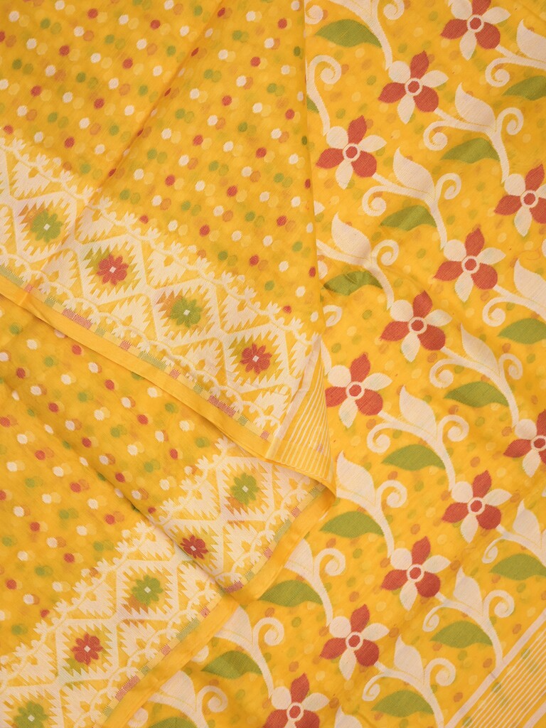 Jamdani cotton saree bright yellow color allover weaves & weaving border with weaving pallu and attached blouse