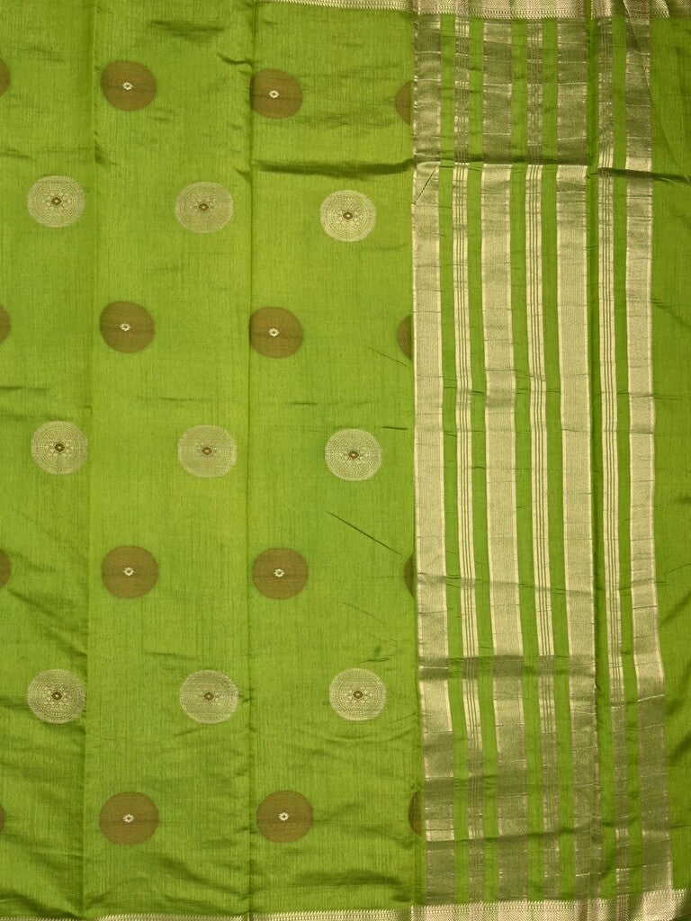 Dupion fancy saree parrot green color allover motifs & zari border with zari pallu and brocade blouse