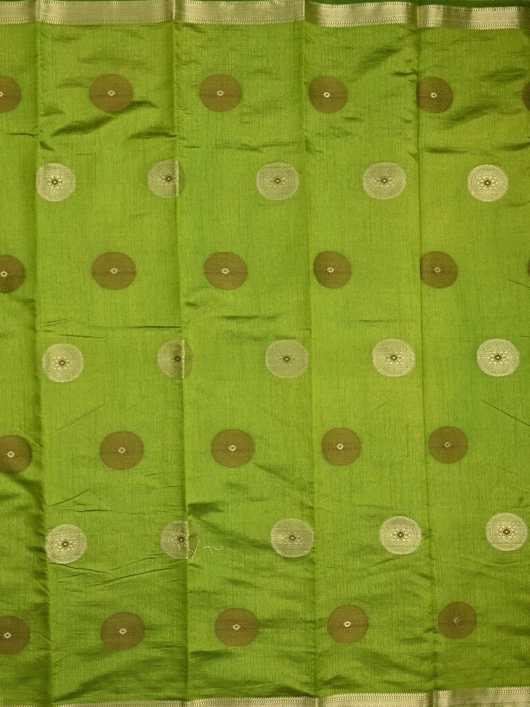 Dupion fancy saree parrot green color allover motifs & zari border with zari pallu and brocade blouse