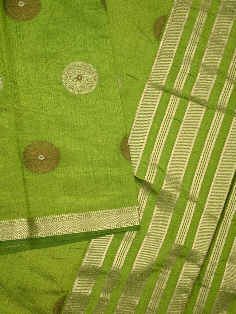 Dupion fancy saree parrot green color allover motifs & zari border with zari pallu and brocade blouse