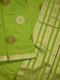 Dupion fancy saree parrot green color allover motifs & zari border with zari pallu and brocade blouse