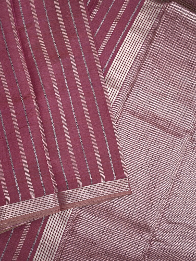 Dupion fancy saree wine color allover stripes & zari border with zari pallu and brocade blouse