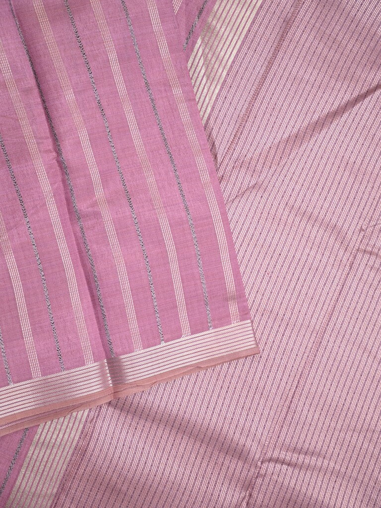 Dupion fancy saree light purple color allover stripes & zari border with zari pallu and brocade blouse