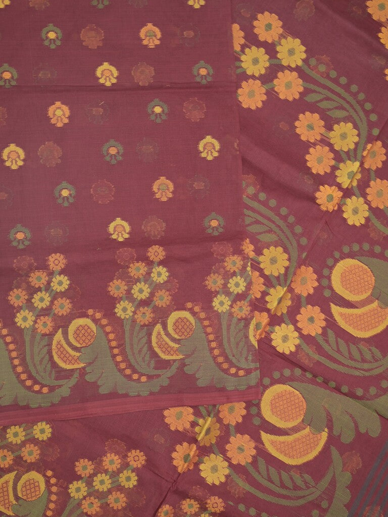 Bengali cotton saree dark maroon color allover weaves and weaving border with weaving pallu