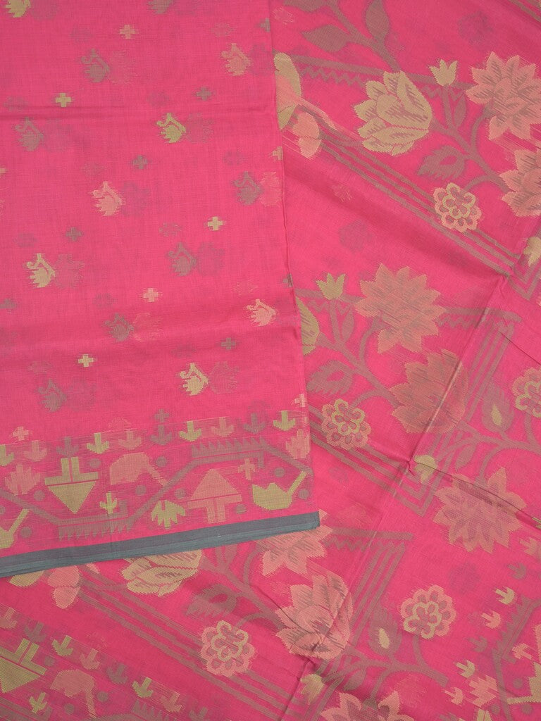 Bengali cotton saree dark pink color allover weaves and weaving border with weaving pallu