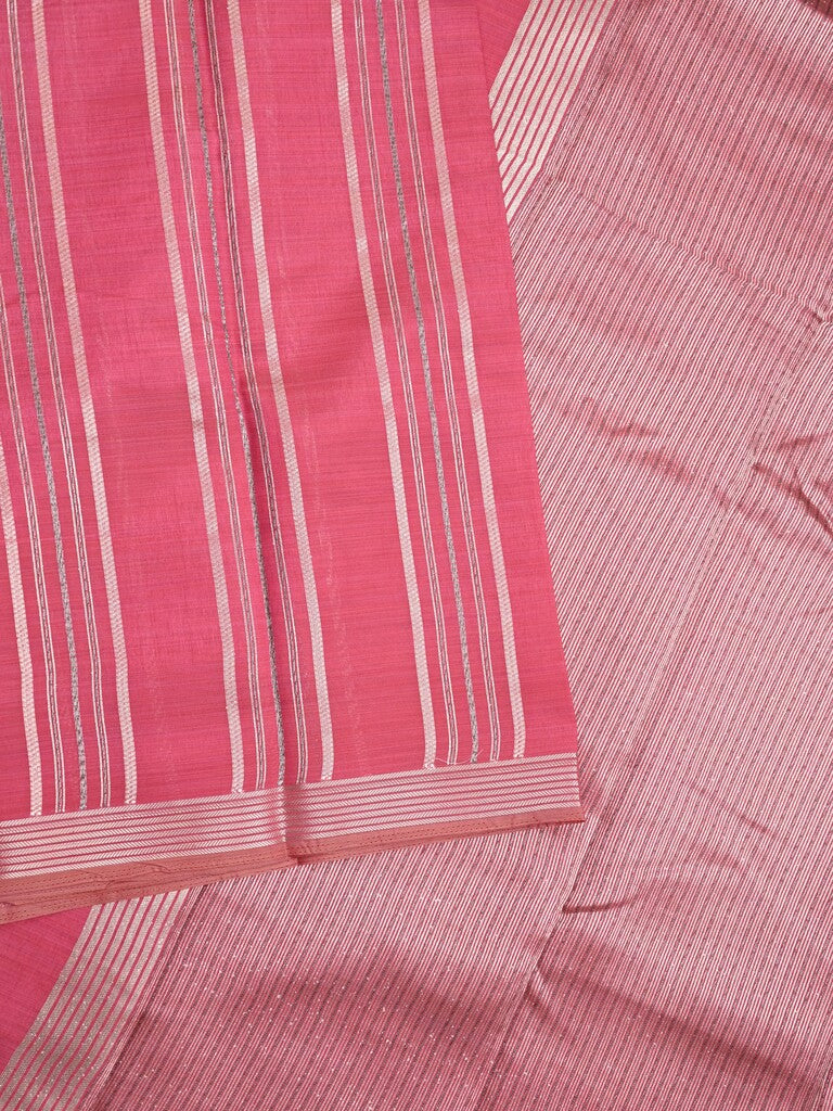 Dupion fancy saree pink color allover stripes & zari border with zari pallu and brocade blouse